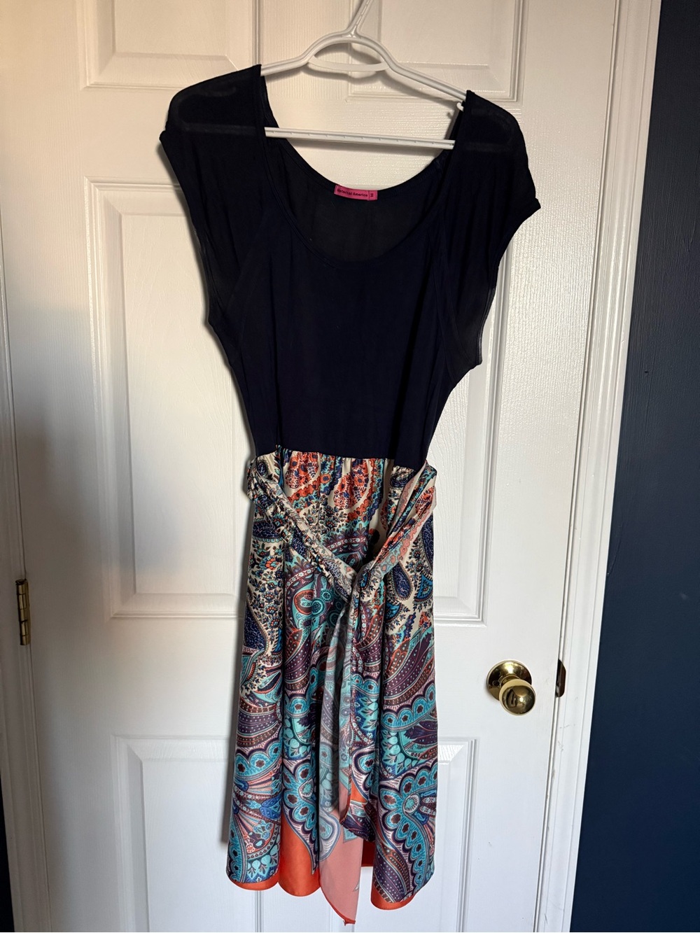 Navy Blue Top Paisley Print Tie-Waist Women's Dress